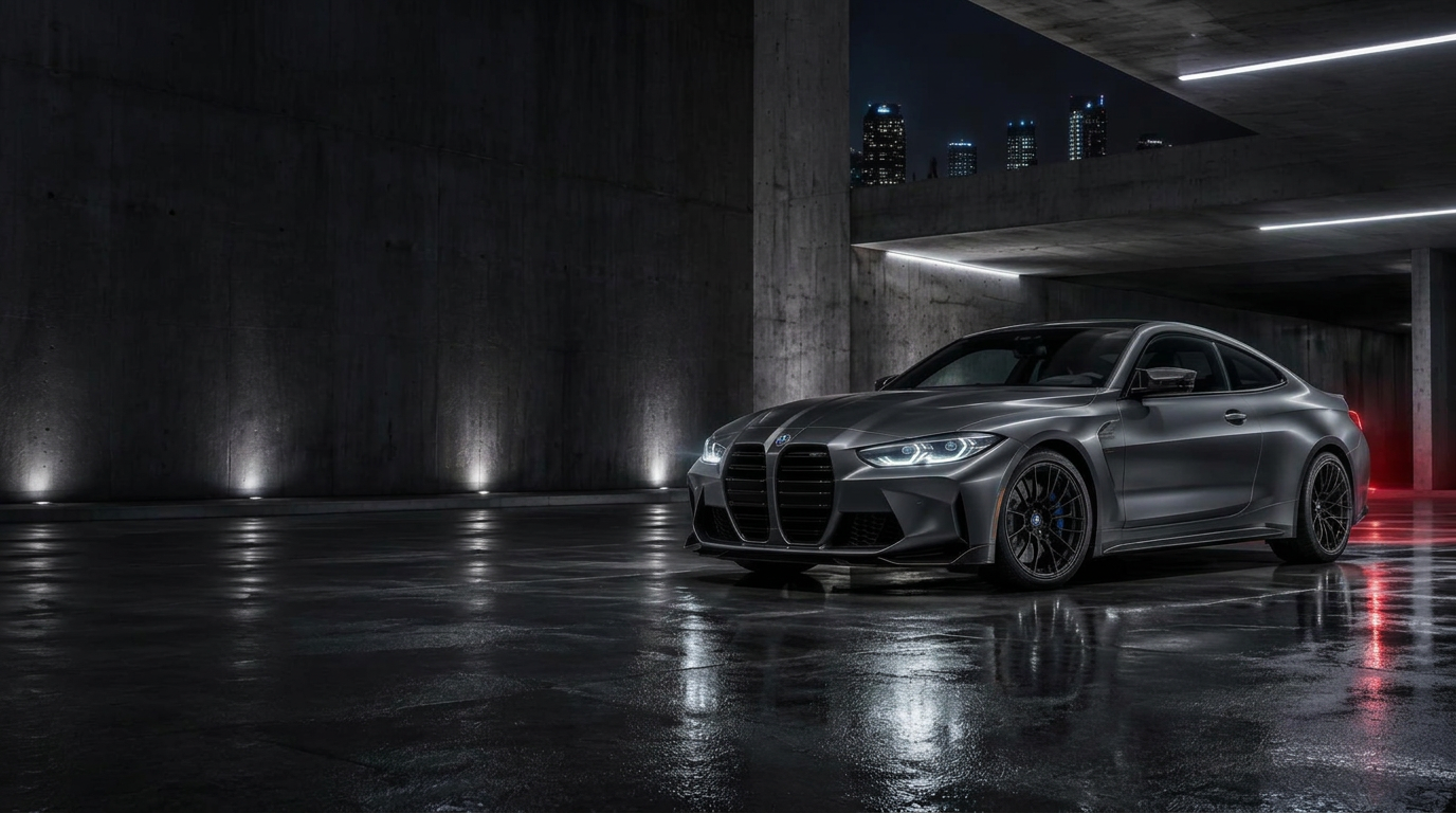 Graphite performance coupe in a dramatically lit concrete garage